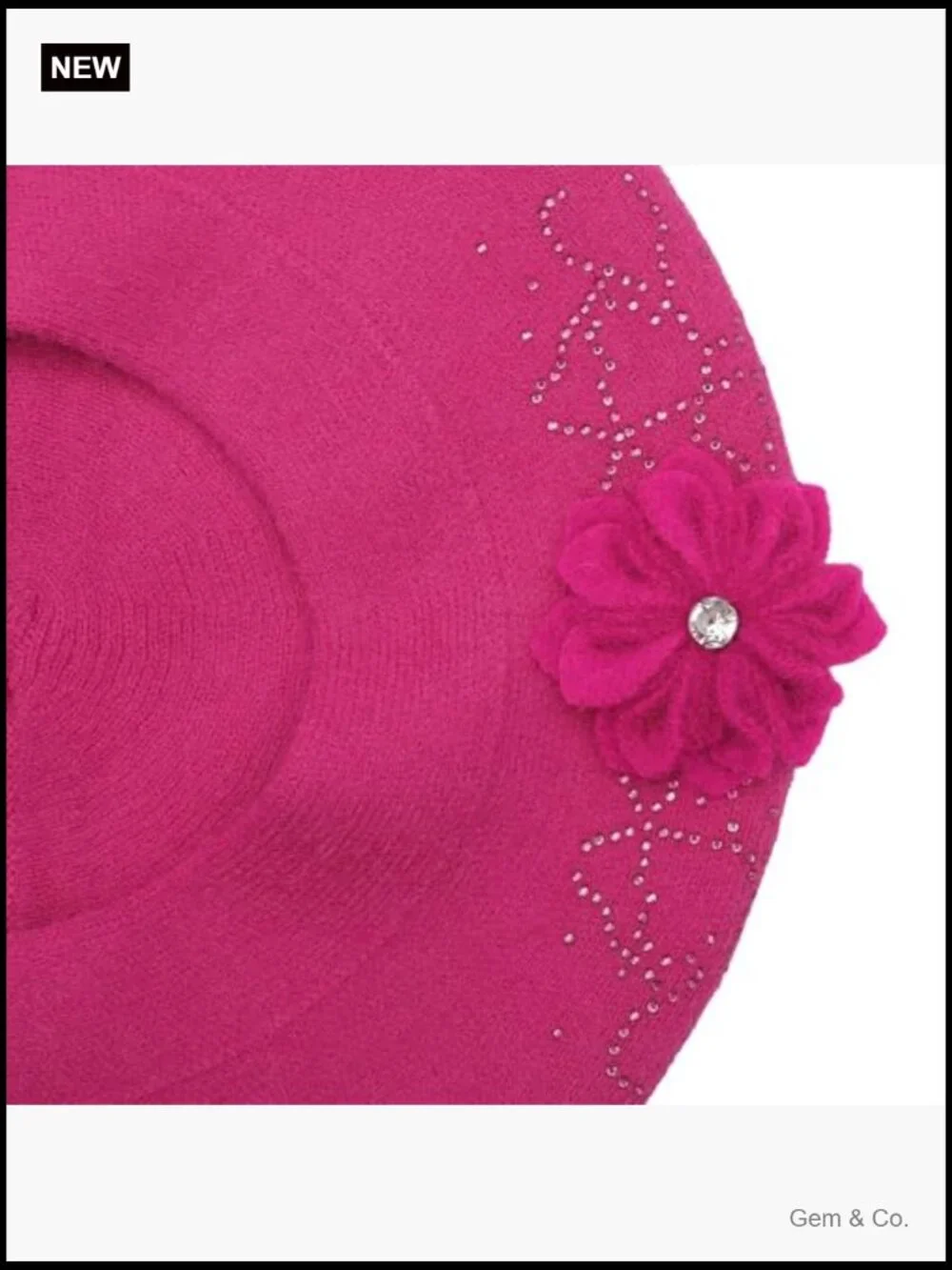 Reversible Knit Beret with Floral Trim - One Size